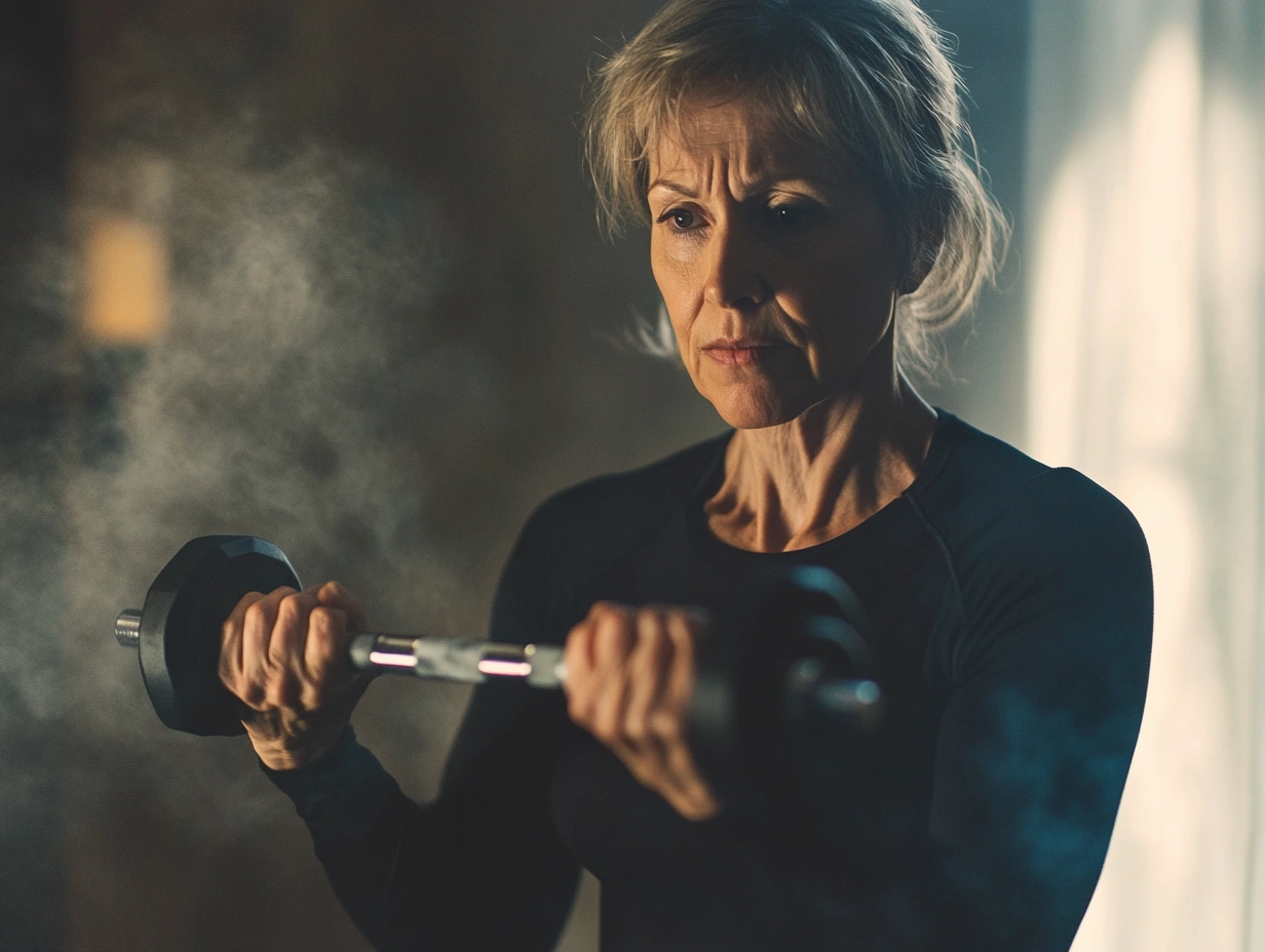 Літня жінка виконує вправи з легкими гантелями