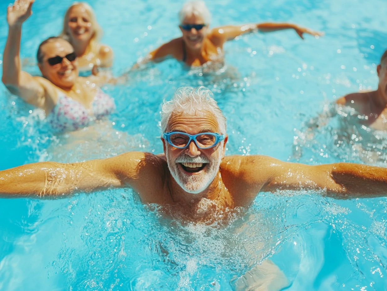 Група старших людей займається аквааеробікою в басейні