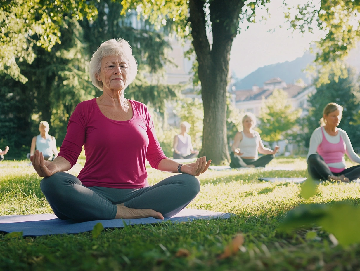 Літні люди практикують йогу в парку